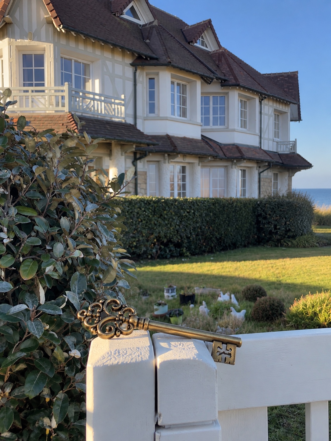 Maison normande au bord de la mer et clé ancienne posée sur une barrière blanche